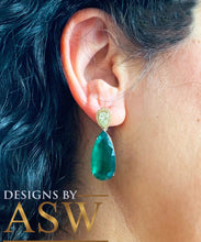 Load image into Gallery viewer, Huge and stunning 14k white and yellow gold pear shape emerald and pear and round cut  simulated diamonds earrings dangling 21.50ctw
