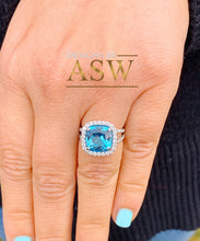 Load image into Gallery viewer, 14k solid white gold cushion cut natural blue topaz and round cut diamonds engagement ring halo split shank 4.70ctw
