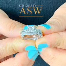 Load image into Gallery viewer, Beautiful 14K solid white gold 1.25 Carat princess cut diamond engagement ring and two bands bridal set wedding set halo natural diamonds
