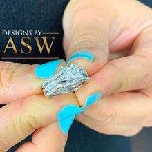 Load image into Gallery viewer, Beautiful 14K solid white gold 1.25 Carat princess cut diamond engagement ring and two bands bridal set wedding set halo natural diamonds
