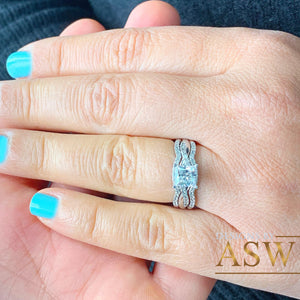 Beautiful 14K solid white gold 1.25 Carat princess cut diamond engagement ring and two bands bridal set wedding set halo natural diamonds
