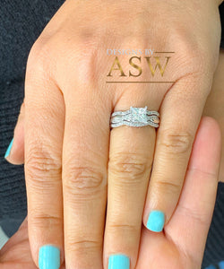 Beautiful 14K solid white gold 1.25 Carat princess cut diamond engagement ring and two bands bridal set wedding set halo natural diamonds