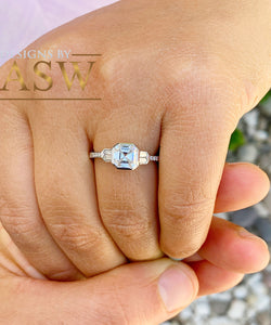 14K Solid White Gold Forever One Moissanite Asscher And Natural Diamonds Baguettes And Round Cut Engagement Ring Bezel Set Engagement 1.40ct