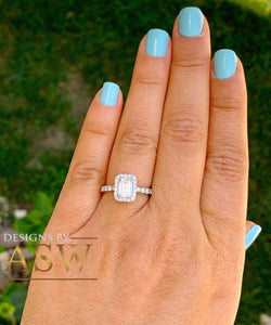 Large 14k solid white gold emerald and round cut simulated diamond engagement ring halo bridal wedding prong set 2.70ct