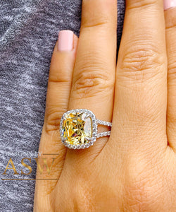 Huge 4.70 Carats 14k Solid White Gold Cushion Cut Simulated Fancy Yellow Diamond and simulated Diamonds Engagement Ring Halo Split Shank