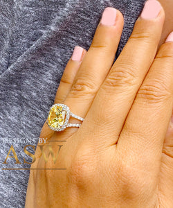 Huge 4.70 Carats 14k Solid White Gold Cushion Cut Simulated Fancy Yellow Diamond and simulated Diamonds Engagement Ring Halo Split Shank