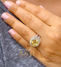 Load image into Gallery viewer, Huge 4.70 Carats 14k Solid White Gold Cushion Cut Simulated Fancy Yellow Diamond and simulated Diamonds Engagement Ring Halo Split Shank
