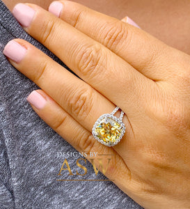 Huge 4.70 Carats 14k Solid White Gold Cushion Cut Simulated Fancy Yellow Diamond and simulated Diamonds Engagement Ring Halo Split Shank