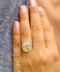 Huge 4.70 Carats 14k Solid White Gold Cushion Cut Simulated Fancy Yellow Diamond and simulated Diamonds Engagement Ring Halo Split Shank