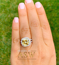 Load image into Gallery viewer, Huge 4.70 Carats 14k Solid White Gold Cushion Cut Simulated Fancy Yellow Diamond and simulated Diamonds Engagement Ring Halo Split Shank
