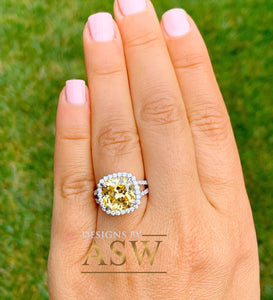 Huge 4.70 Carats 14k Solid White Gold Cushion Cut Simulated Fancy Yellow Diamond and simulated Diamonds Engagement Ring Halo Split Shank