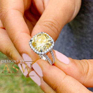 Huge 4.70 Carats 14k Solid White Gold Cushion Cut Simulated Fancy Yellow Diamond and simulated Diamonds Engagement Ring Halo Split Shank