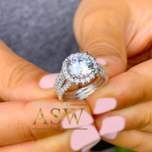 Load image into Gallery viewer, Beautiful 14k solid white gold round forever one moissanite and natural diamond engagement ring halo prong set triple shank 3.80ct
