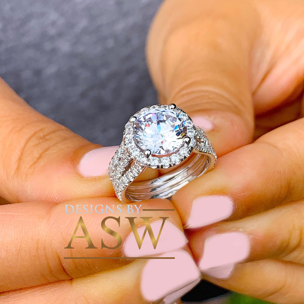 Beautiful 14k solid white gold round forever one moissanite and natural diamond engagement ring halo prong set triple shank 3.80ct