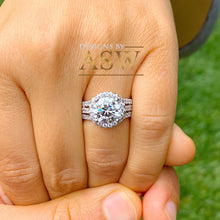 Load image into Gallery viewer, Beautiful 14k solid white gold round forever one moissanite and natural diamond engagement ring halo prong set triple shank 3.80ct
