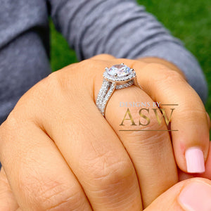 Beautiful 14k solid white gold round forever one moissanite and natural diamond engagement ring halo prong set triple shank 3.80ct