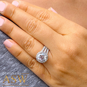 Beautiful 14k solid white gold round forever one moissanite and natural diamond engagement ring halo prong set triple shank 3.80ct