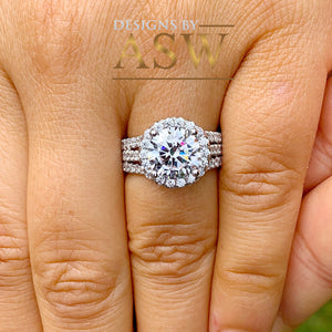 Beautiful 14k solid white gold round moissanite and natural diamond engagement ring halo prong set triple shank 3.80ct