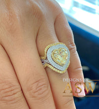 Load image into Gallery viewer, Heavy 14K Solid White And Yellow Gold Fancy Yellow Heart Shape And Round Cut Simulated Diamonds, Engagement Ring And Two Bands 3.50ctw
