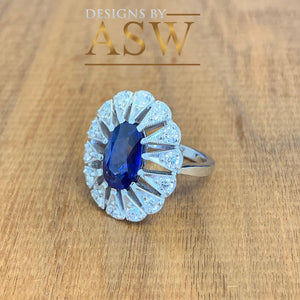 14k solid white gold Natural Oval cut blue sapphire and round cut natural diamonds engagement ring halo, bridal, wedding 2.25ct