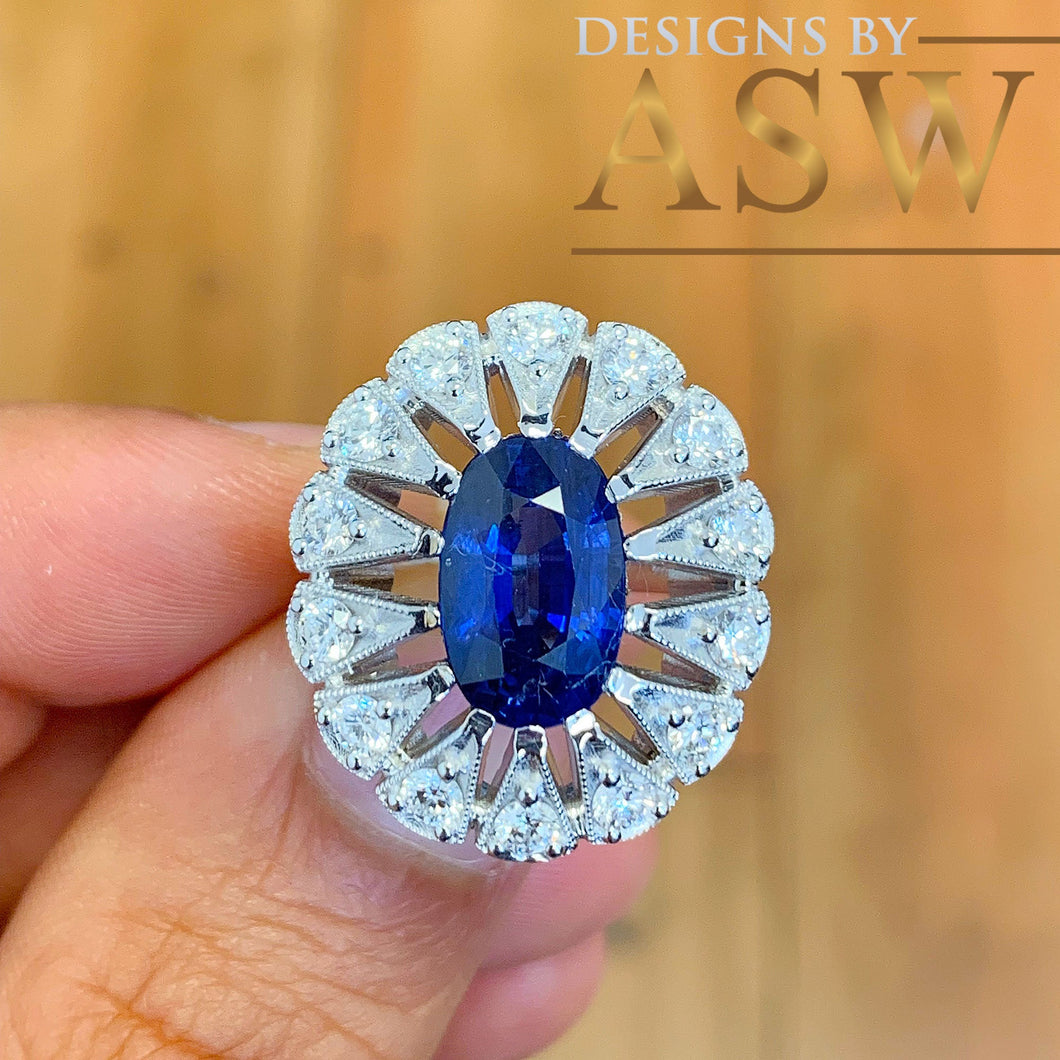 14k solid white gold Natural Oval cut blue sapphire and round cut natural diamonds engagement ring halo, bridal, wedding 2.25ct