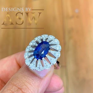 14k solid white gold Natural Oval cut blue sapphire and round cut natural diamonds engagement ring halo, bridal, wedding 2.25ct
