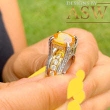 Load image into Gallery viewer, 14K White and Yellow Gold Cushion Cut Natural Yellow Citrine and Round cut Simulated Diamonds Engagement Ring Bridal Wedding 4.50ctw
