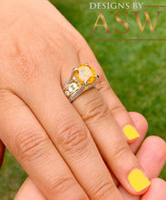 Load image into Gallery viewer, 14K White and Yellow Gold Cushion Cut Natural Yellow Citrine and Round cut Simulated Diamonds Engagement Ring Bridal Wedding 4.50ctw

