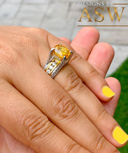 Load image into Gallery viewer, 14K White and Yellow Gold Cushion Cut Natural Yellow Citrine and Round cut Simulated Diamonds Engagement Ring Bridal Wedding 4.50ctw
