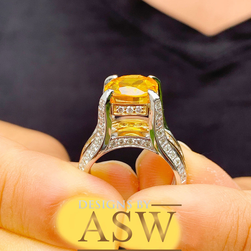 14K White and Yellow Gold Cushion Cut Natural Yellow Citrine and Round cut Natural Diamonds Engagement Ring Bridal Wedding 4.80ctw