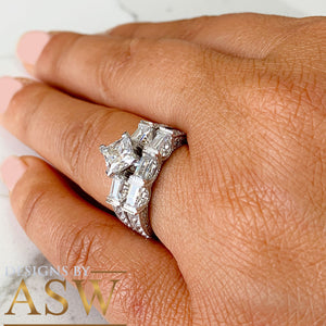 Kite Style 14k Solid White Gold Princess, Baguettes, and Round Cut Simulated Diamond Engagement Ring And Band Bridal Wedding Antique 2.50ctw