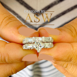 14k Solid White Gold Princess, Round, and Baguettes Cut Forever One Moissanite Engagement Ring And Band Wedding Bridal Set Deco 2.50ct
