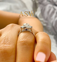 Load image into Gallery viewer, Heavy 14k Solid White Gold Cushion Cut Simulated Diamond Engagement Ring And Band Double Halo Deco Bridal Wedding 2.50ctw
