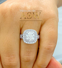 Load image into Gallery viewer, Large Women&#39;s 14K Solid White Gold Cushion Cut Moissanite and Rond Cut Natural Diamond Engagement Ring Double Halo Prong 2.80ct
