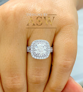Large Women's 14K Solid White Gold Cushion Cut Moissanite and Rond Cut Natural Diamond Engagement Ring Double Halo Prong 2.80ct