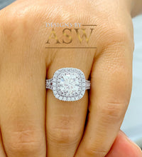 Load image into Gallery viewer, Large Women&#39;s 14K Solid White Gold Cushion Cut Forever One Moissanite and Rond Cut Natural Diamond Engagement Ring Double Halo Prong 2.80ct
