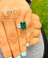 Load image into Gallery viewer, Large 14k solid white gold green emerald and round cushion cut simulated diamond engagement ring bridal, wedding, promise 6.50ctw
