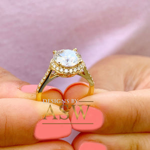 Large, Women's 14K Solid Yellow Gold Round Cut Forever One Moissanite and Natural Diamond Engagement Ring Halo Prong 3.30ct