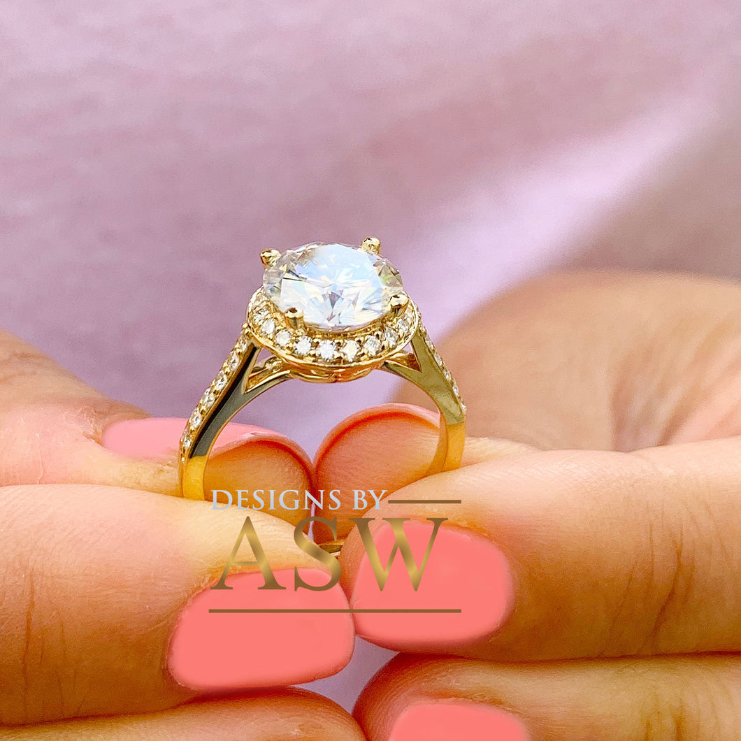 Large, Women's 14K Solid Yellow Gold Round Cut Moissanite and Natural Diamond Engagement Ring Halo Prong 3.30ct