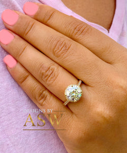 Large, Women's 14K Solid Yellow Gold Round Cut Moissanite and Natural Diamond Engagement Ring Halo Prong 3.30ct