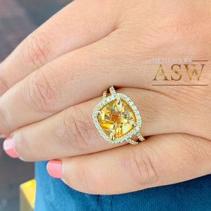 14K Yellow Gold Cushion Cut Yellow Citrine and Round cut Natural Diamonds Engagement Ring Halo Split Shank Bridal Wedding Anniversary 4.80ct
