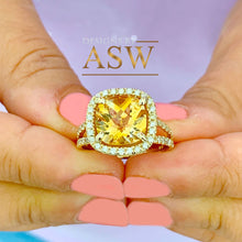 Load image into Gallery viewer, 14K Yellow Gold Cushion Cut Yellow Citrine and Round cut Natural Diamonds Engagement Ring Halo Split Shank Bridal Wedding Anniversary 4.80ct
