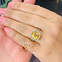 Load image into Gallery viewer, 14K Yellow Gold Cushion Cut Yellow Citrine and Round cut Natural Diamonds Engagement Ring Halo Split Shank Bridal Wedding Anniversary 4.80ct
