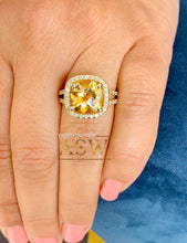 Load image into Gallery viewer, 14K Yellow Gold Cushion Cut Yellow Citrine and Round cut Natural Diamonds Engagement Ring Halo Split Shank Bridal Wedding Anniversary 4.80ct
