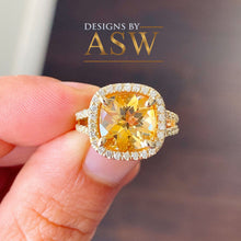 Load image into Gallery viewer, 14K Yellow Gold Cushion Cut Yellow Citrine and Round cut Natural Diamonds Engagement Ring Halo Split Shank Bridal Wedding Anniversary 4.80ct
