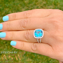 Load image into Gallery viewer, 14k solid white gold cushion cut natural blue topaz and round cut diamonds engagement ring halo split shank 4.70ctw
