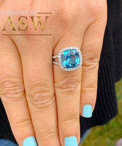 14k solid white gold cushion cut natural blue topaz and round cut diamonds engagement ring halo split shank 4.70ctw