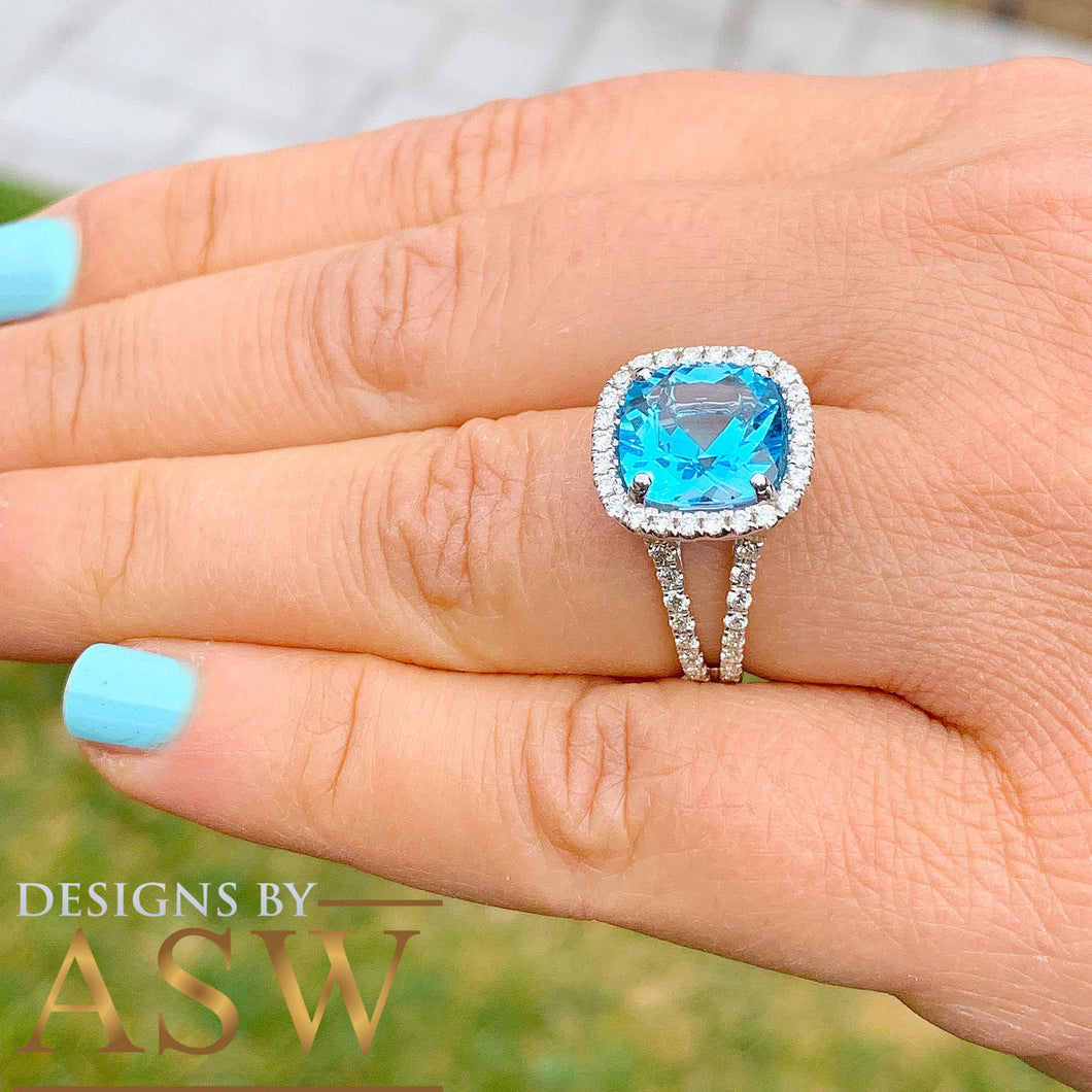 14k solid white gold cushion cut natural blue topaz and round cut diamonds engagement ring halo split shank 4.70ctw