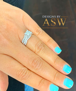Beautiful 14K solid white gold 1.25 Carat princess cut diamond engagement ring and two bands bridal set wedding set halo natural diamonds