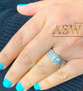 Beautiful 14K solid white gold 1.25 Carat princess cut diamond engagement ring and two bands bridal set wedding set halo natural diamonds